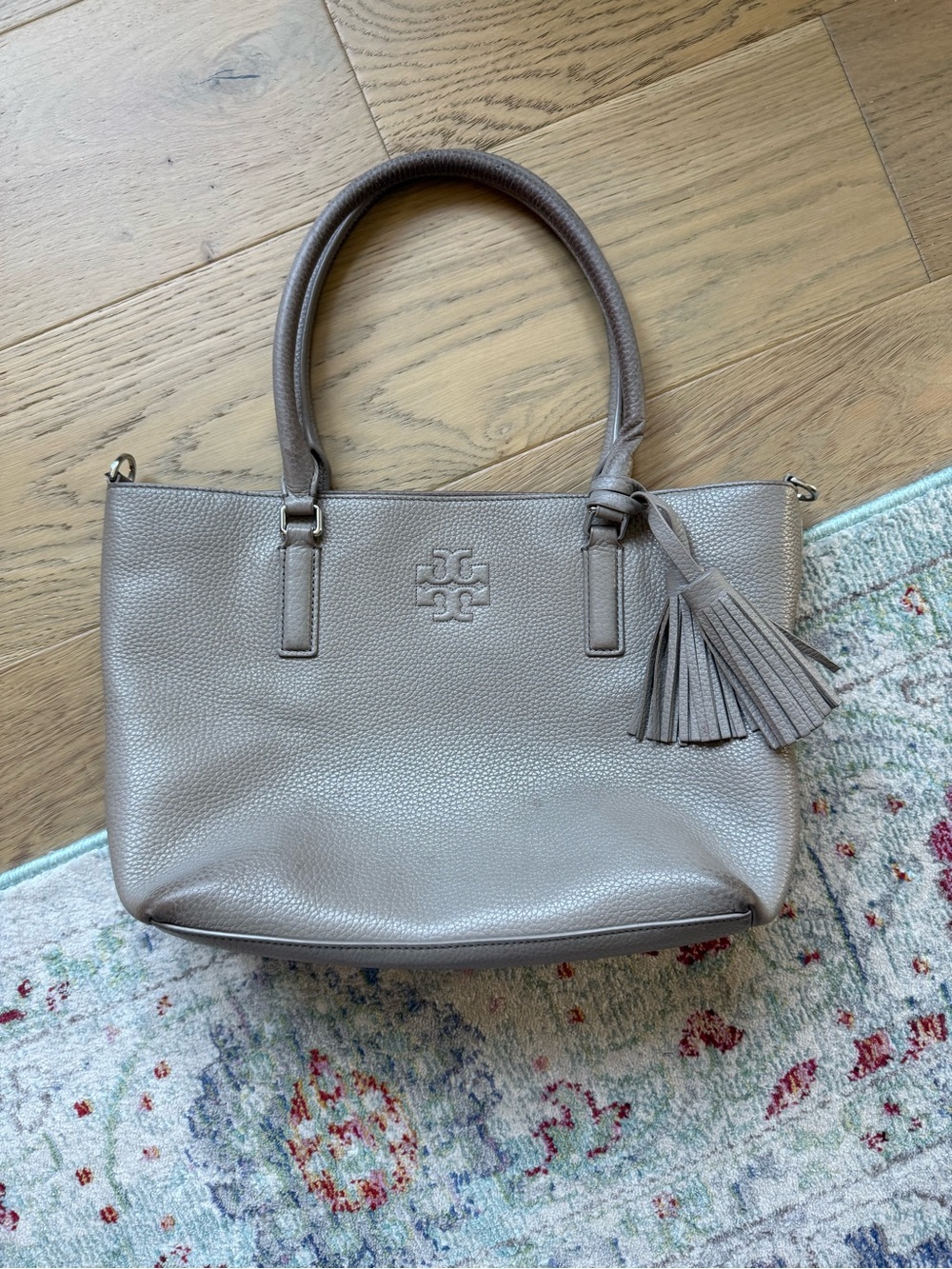 Tory Burch Pebbled Leather Tote in Taupe with Tassel